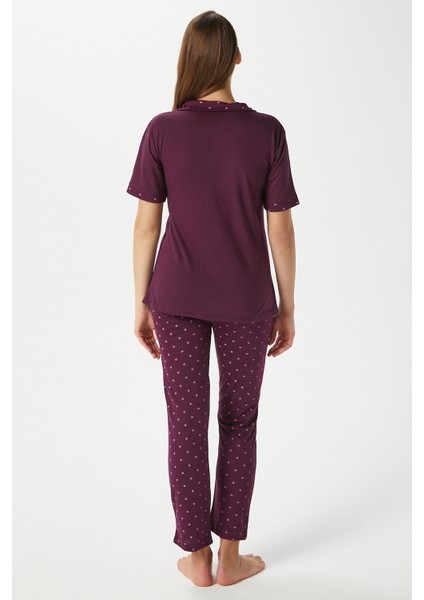 Kadın Jayla Viskon Yıldız Desen Ön Düğmeli Kısa Kol Mürdüm Alt Üst Pijama Takımı