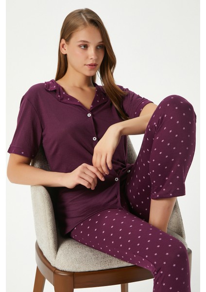 Kadın Jayla Viskon Yıldız Desen Ön Düğmeli Kısa Kol Mürdüm Alt Üst Pijama Takımı