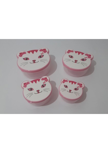 4'lü Kapaklı Sevimli Kedi Desenli Saklama Kabı, Pembe, Dayanıklı ve Şık Tasarım