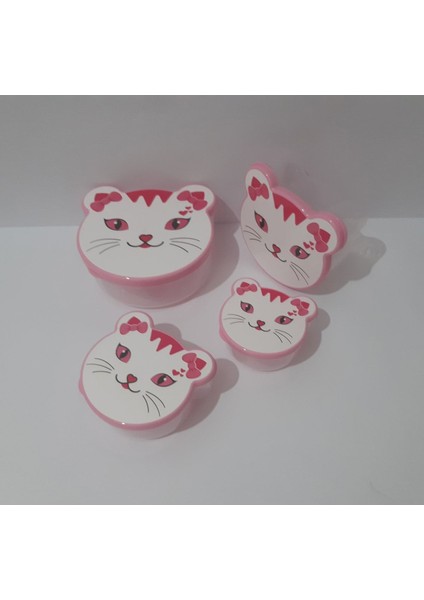 4'lü Kapaklı Sevimli Kedi Desenli Saklama Kabı, Pembe, Dayanıklı ve Şık Tasarım