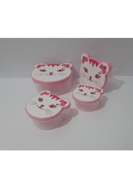 4'lü Kapaklı Sevimli Kedi Desenli Saklama Kabı, Pembe, Dayanıklı ve Şık Tasarım