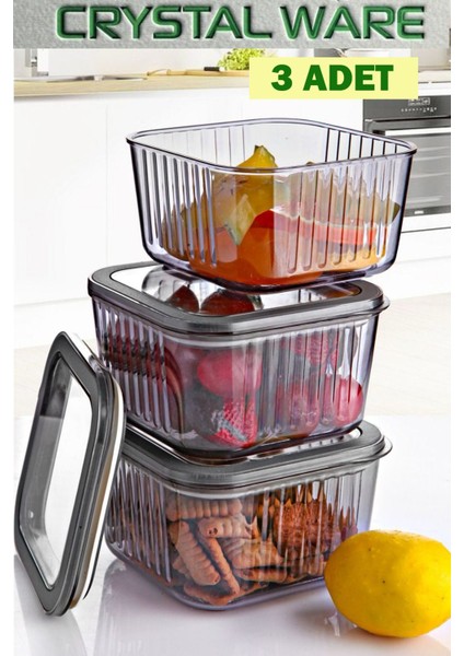 3'lü Gri Kare Contalı Midi Saklama Kabı, 550 Ml, Pratik ve Şık Tasarım