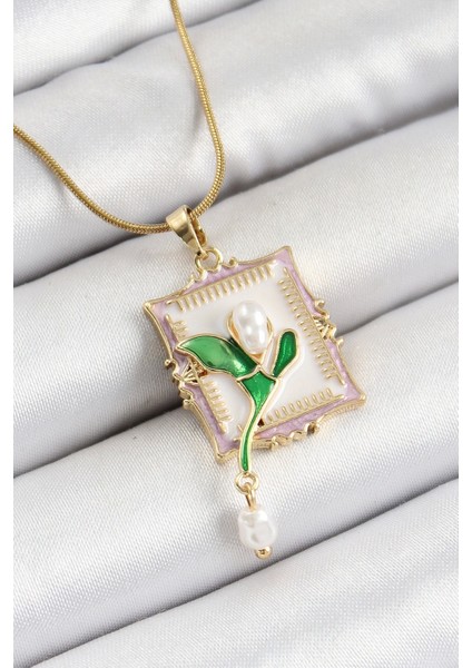 316L Çelik Zincir Beyaz Sanatsal Portre Sallantılı Inci Detaylı Lale Model Gold Renk Kadın Kolye - TJ-BKO10308