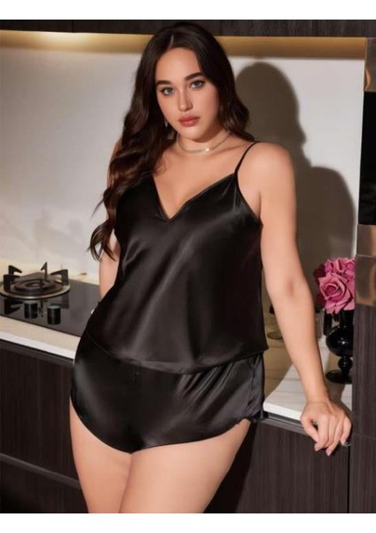 Marsilyan- Büyük Beden Siyah Saten Şortlu Takım