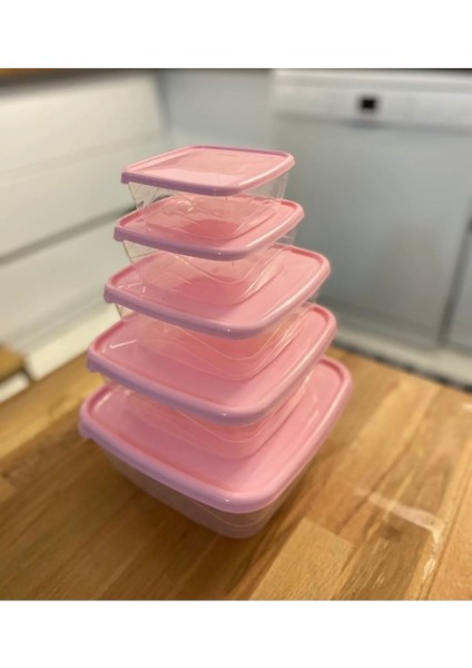 5'li Kare Pembe Saklama Kabı Seti, Şık ve Kullanışlı Ev Düzenleme Ürünü