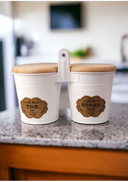 Beyaz Ahşap Kapaklı 2'li Galvaniz Saklama Kabı, Şık ve Kullanışlı Mutfak Aksesuarı