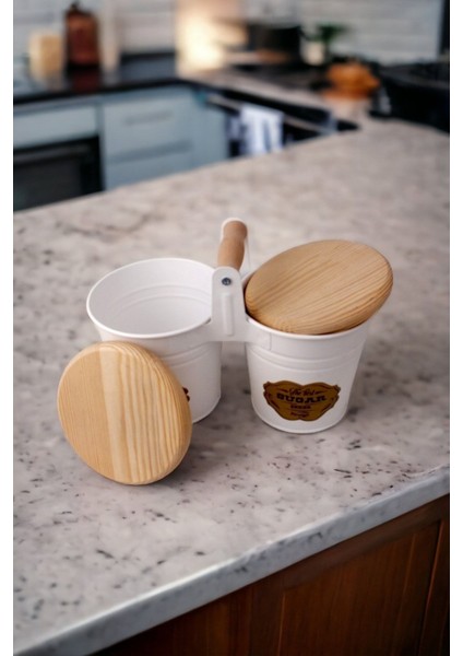 Beyaz Ahşap Kapaklı 2'li Galvaniz Saklama Kabı, Şık ve Kullanışlı Mutfak Aksesuarı fırsatları