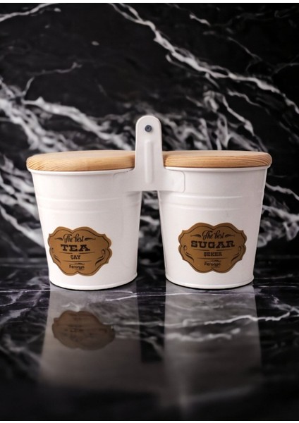 Beyaz Ahşap Kapaklı 2'li Galvaniz Saklama Kabı, Şık ve Kullanışlı Mutfak Aksesuarı