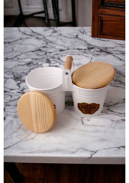 Beyaz Ahşap Kapaklı 2'li Galvaniz Saklama Kabı, Şık ve Kullanışlı Mutfak Aksesuarı