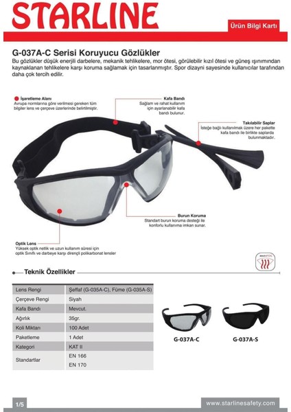 Çok Amaçlı Koruyucu Gözlük Seti, 5 Adet, G-037A-C Serisi modelleri