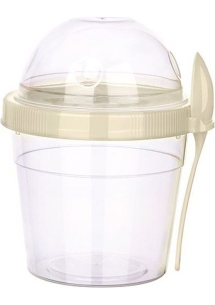 Beyaz 500 ml Hazneli Kaşıklı Yoğurt ve Mama Saklama Kabı