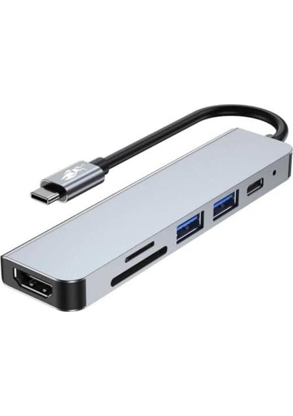 6in1 USB Type-C Hub Port Adaptör HDMI Sd Kart USB Pd Girişli, Gri