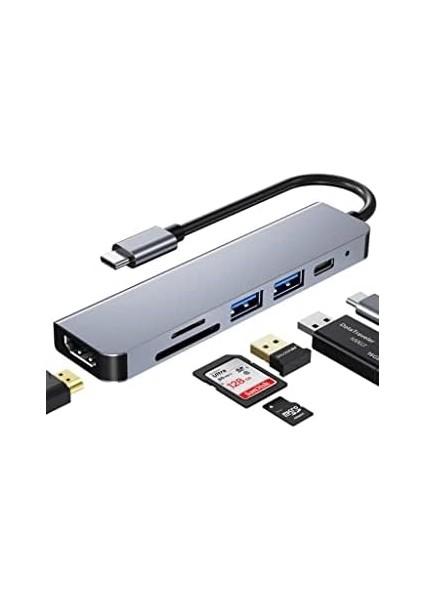 6in1 USB Type-C Hub Port Adaptör HDMI Sd Kart USB Pd Girişli, Gri