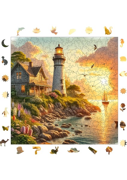 - Ahşap Puzzle Yetişkinler Için - Deniz Fenerinde Gün Batımı Benzersiz Parçalı Puzzle - 353 Parça Ahşap Yapboz - Yapıştırıcı Folyo Dahil - Dekoratif Ahşap Yapboz - 29X29 cm - S1-29