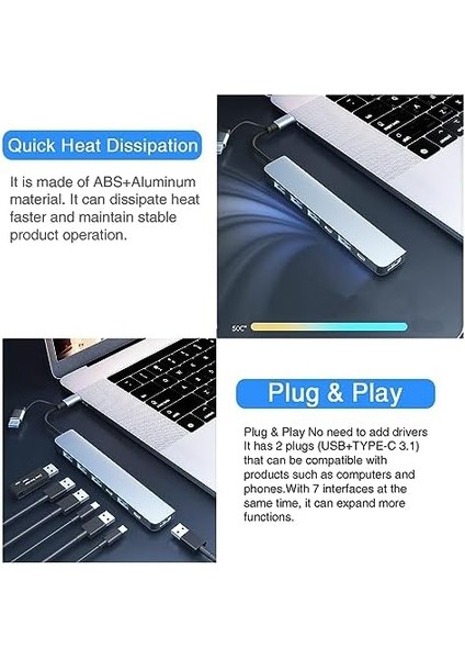 Bilgisayar Için USB C Hub, USB 3.0 Hub, 7 In 1 Usb-C Hub, Iki Çeşit Fiş Pc Için Dc Bağlantı Noktası USB Bölücü, Pc Dizüstü Bilgisayar Için USB Genişletici USB Hub, MacBook iMac Air Mac fiyatları