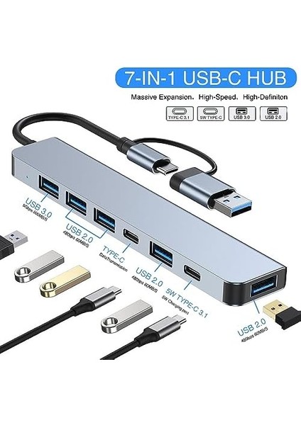 Bilgisayar Için USB C Hub, USB 3.0 Hub, 7 In 1 Usb-C Hub, Iki Çeşit Fiş Pc Için Dc Bağlantı Noktası USB Bölücü, Pc Dizüstü Bilgisayar Için USB Genişletici USB Hub, MacBook iMac Air Mac modelleri