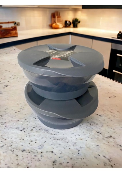 Iki Adet Yuvarlak Saklama Kabı, Antrasit Renk, 1,5 Litrelik Kapasite