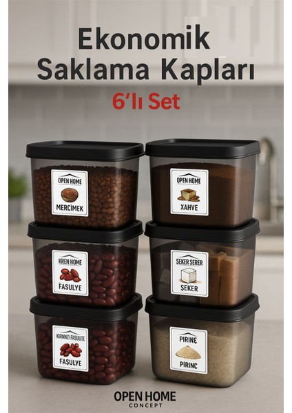 6'lı Antrasit Saklama Kabı Seti, Şık ve Pratik 550 Ml, Etiket Hediyeli