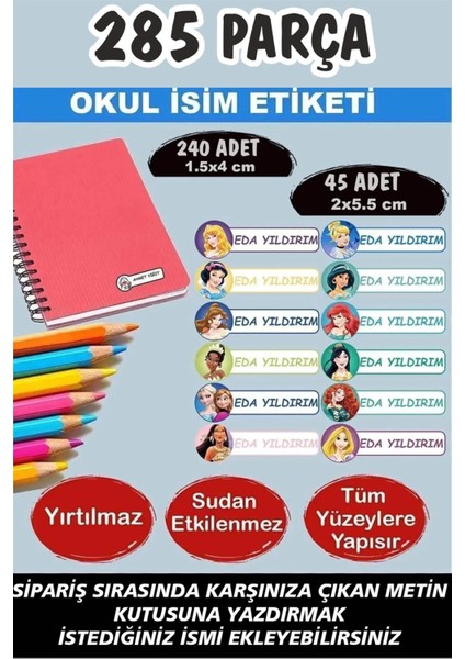 Okul Etiketi Kalem Defter Etiketi Özel Isimli Etiket Prensesler 12 Figür 285 Adet