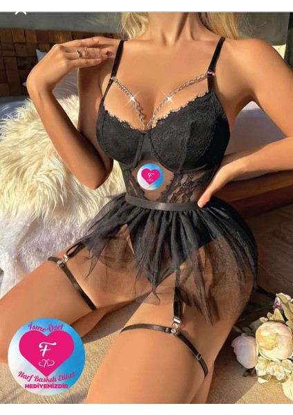 Kadın Fantezi Gecelik 4 Parça Siyah Tül Mini Etek Zincir Detaylı Çeyizlik Jartiyer Fantazi Gecelik Seksi İç Giyim modelleri