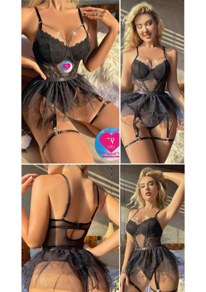 Kadın Fantezi Gecelik 4 Parça Siyah Tül Mini Etek Zincir Detaylı Çeyizlik Jartiyer Fantazi Gecelik Seksi İç Giyim