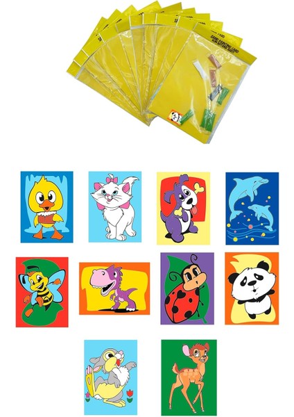 Hayvanlar, 10 Adet Büyük Boy A4, Kız-Erkek Kum Boyama Kartı Seti-Red Castle KB-RC-103
