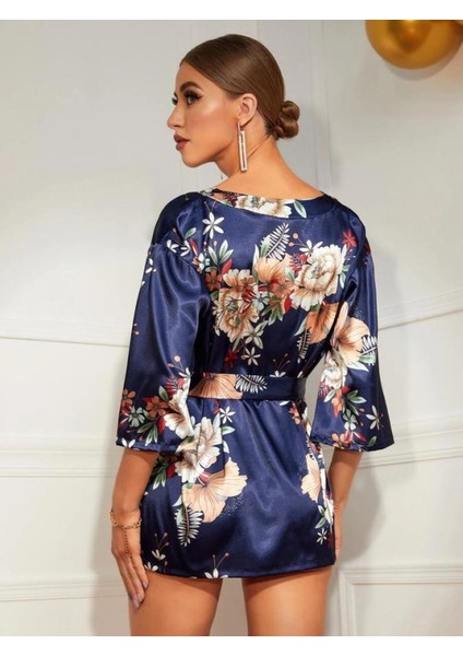 Marsilyan- Çiçek Desenli Mavi Mini Saten Gecelik Sabahlık fiyatları