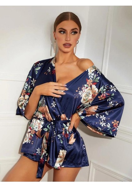 Marsilyan- Çiçek Desenli Mavi Mini Saten Gecelik Sabahlık fırsatları