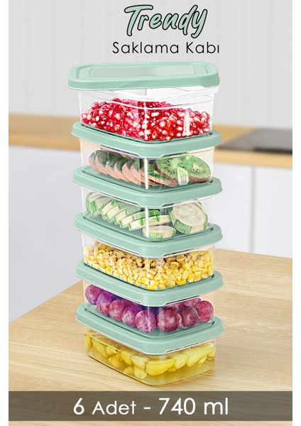 6 Adet Dikdörtgen Saklama Kabı, Mikrodalga Uyumlu, Düzenleyici, Organizer, 740ML, Yeşil