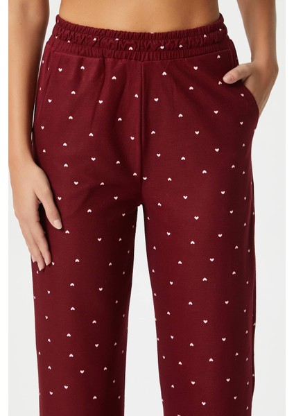Kadın Teddi Ultra Yumuşak Cepli Bordo Kalp Desen Yılbaşı Pijama Altı