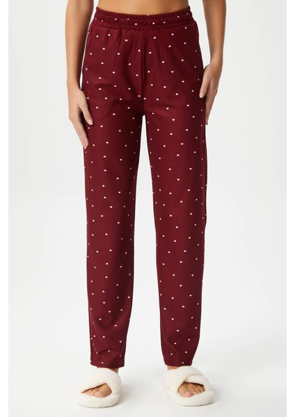 Kadın Teddi Ultra Yumuşak Cepli Bordo Kalp Desen Yılbaşı Pijama Altı