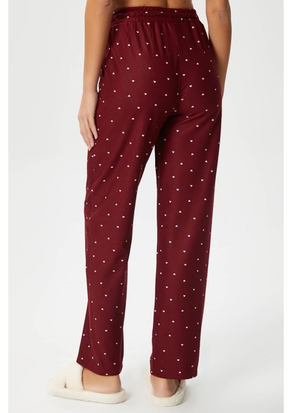 Kadın Teddi Ultra Yumuşak Cepli Bordo Kalp Desen Yılbaşı Pijama Altı