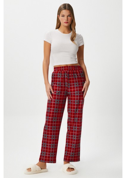 Kadın Teddi Ultra Yumuşak Cepli Kırmızı Ekose Desen Yılbaşı Pijama Altı