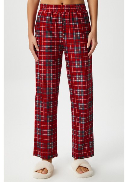 Kadın Teddi Ultra Yumuşak Cepli Kırmızı Ekose Desen Yılbaşı Pijama Altı