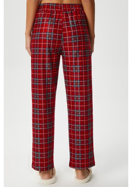 Kadın Teddi Ultra Yumuşak Cepli Kırmızı Ekose Desen Yılbaşı Pijama Altı
