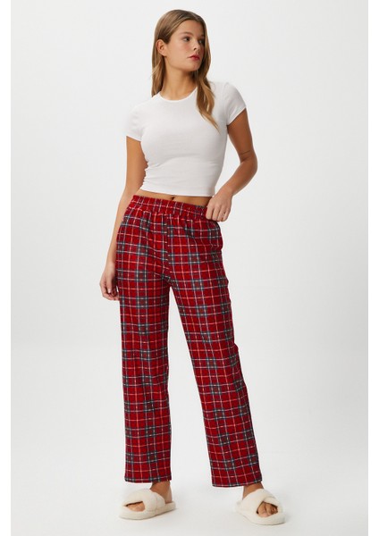 Kadın Teddi Ultra Yumuşak Cepli Kırmızı Ekose Desen Yılbaşı Pijama Altı