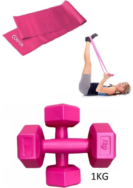 2'li 1kg Dambıl Seti, Spor ve Vücut Geliştirme Aleti, Pilates Bandı, Pembe