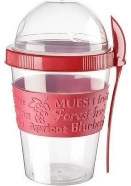 Kırmızı Kaşıklı Hazneli Meyveli Yoğurt Kabı, Piknik ve Atıştırmalıklar Için Ideal