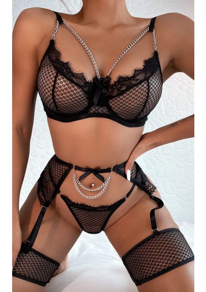 Kadın Siyah Gecelik 4 Parça Tül Mini Etek Zincir Detaylı Çeyizlik Fantaazi Jartiyer Bacak Bantlı Yazlık Kıyafet modelleri