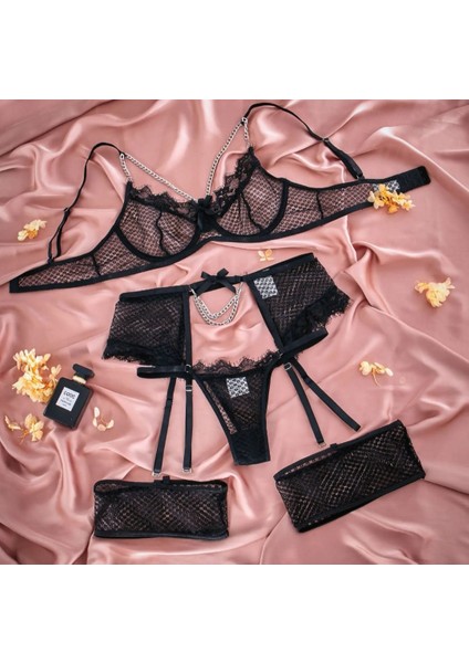 Kadın Siyah Gecelik 4 Parça Tül Mini Etek Zincir Detaylı Çeyizlik Fantaazi Jartiyer Bacak Bantlı Yazlık Kıyafet indirimleri