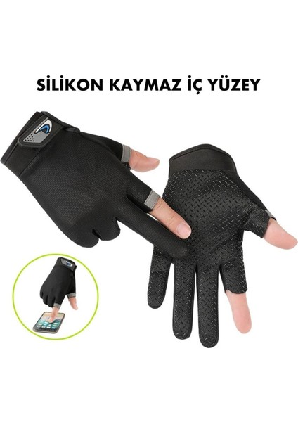 Nefes Alan, Iki Parmak Kesik Outdoor Spor Eldiveni, Mavi Renkli, Rahat Kullanım Sağlar.