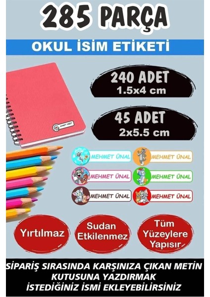Okul Etiketi Kalem Defter Etiketi Özel Isimli Etiket Tom ve Jerry 6 Figür 285 Parça