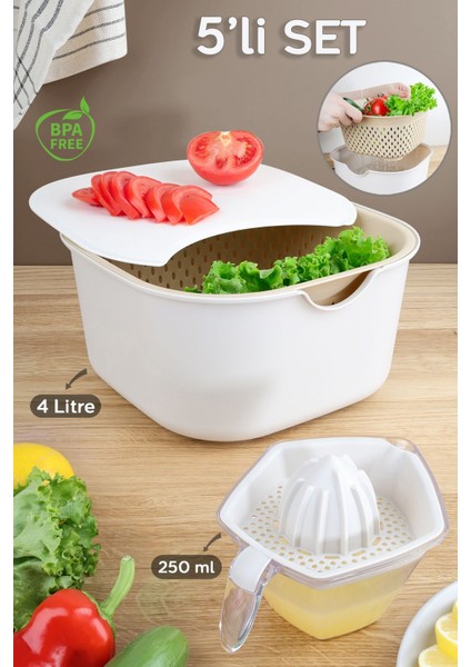 5 Parça Çok Amaçlı Mutfak Seti, Karıştırma Kabı, Süzgeç, Kesme Tahtası, Limon Sıkacağı