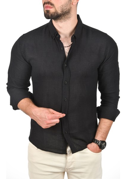 Slim Fit %100 Pamuk Keten Gömlek Dar Kesim Dokulu Keten Gömlek 2501302 fırsatları