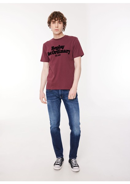 Bisiklet Yaka Baskılı Bordo Erkek T-Shirt M6646 164 Amaranth Red