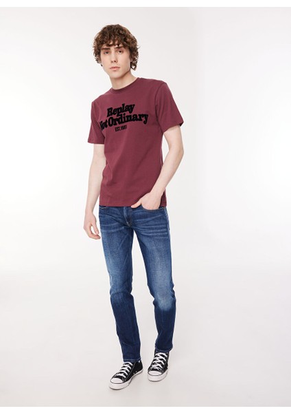 Bisiklet Yaka Baskılı Bordo Erkek T-Shirt M6646 164 Amaranth Red