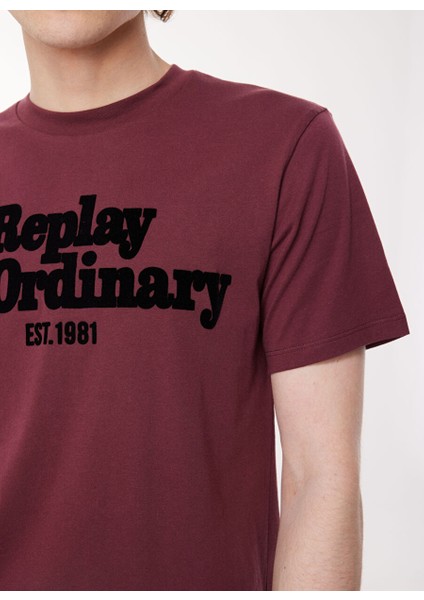 Bisiklet Yaka Baskılı Bordo Erkek T-Shirt M6646 164 Amaranth Red