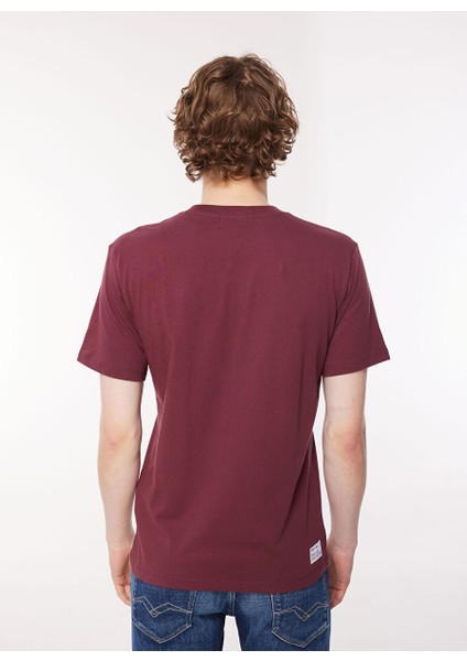 Bisiklet Yaka Baskılı Bordo Erkek T-Shirt M6646 164 Amaranth Red