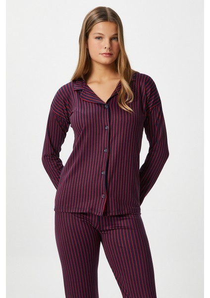 Kadın Secret Extra Soft Lacivert Bordo Çizgili Pijama Takımı