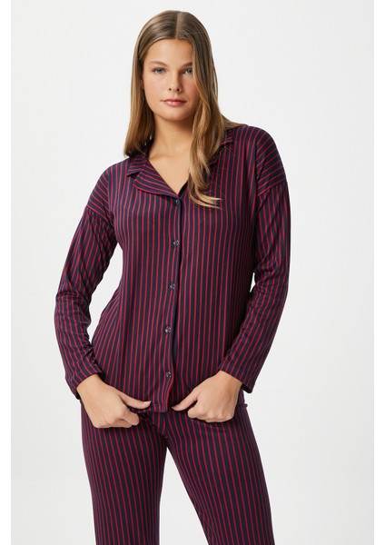 Kadın Secret Extra Soft Lacivert Bordo Çizgili Pijama Takımı indirimleri